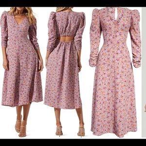 ASTR the Label: Puff Sleeve Midi Dress. Purple-Peach Floral. Size M